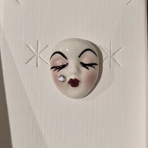 Vintage Fancy Faces Brooch Pin Handpainted Porcelain Mask Sleeping w Rhinestone